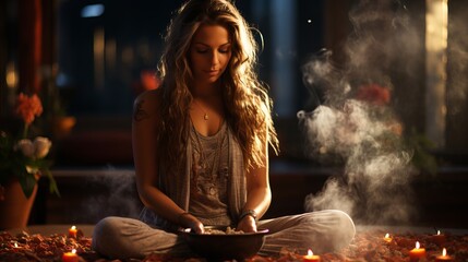 A beautiful woman meditates inside a room with candles and incense. Tranquility and relaxation in silence. Generative AI.