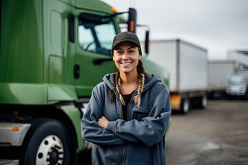 A smiling female truck driver.