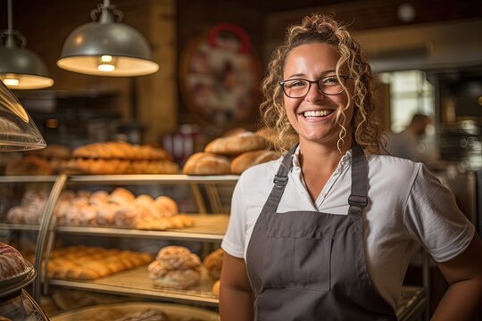 A woman baker smiles at a bakery.