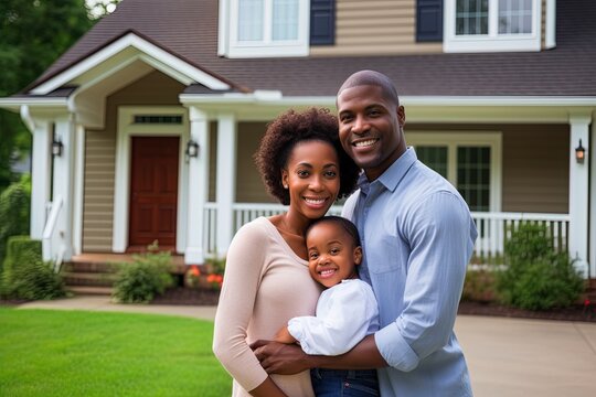 African American family in front of newly purchased house.
