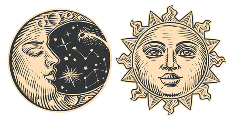 Sun and Moon with face. Day and night concept. Hand drawn vintage vector illustration astrology engraving style