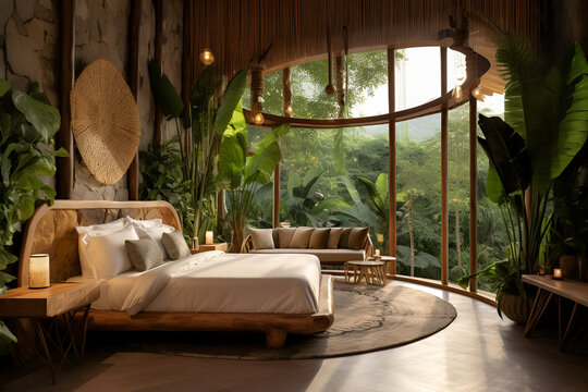Eco-lodge hotel interior with tropical forest view, creating a serene and relaxing ambiance, surrounded by the nature