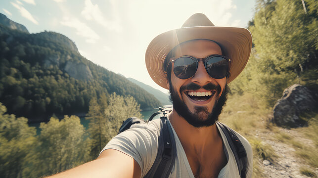 Handsome young man wearing sun hat and sunglasses taking selfie on summer vacation day. Happy hiker with backpack smiling. 