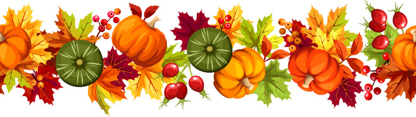 Seamless border with pumpkins, colorful autumn leaves, rowan berries, and rosehip. Vector illustration
