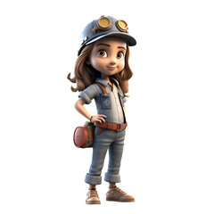 3D illustration of a cute cartoon girl with a pilot's hat