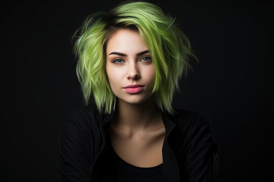 Beautiful caucasian woman with lime green hair.