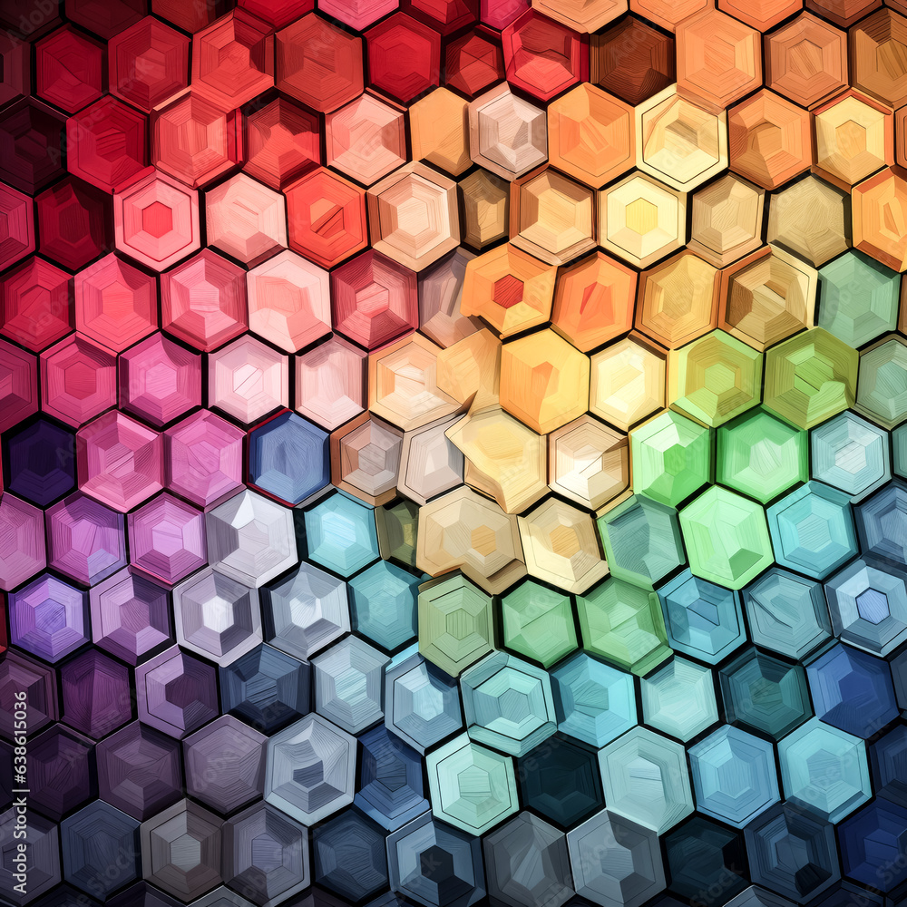Poster he arranges concentric decagons of vibrant colors in a captivating composition.