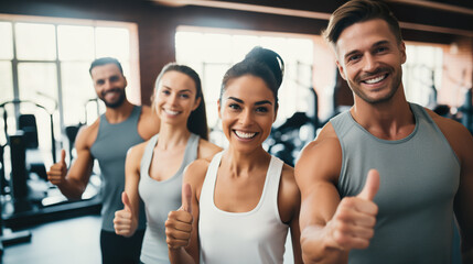 Group of happy young people in sportswear showing thumbs up in gym