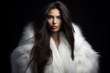 Beautiful woman with long hair and white fur coat.