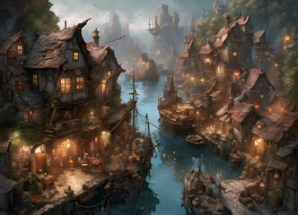 a fantasy style storybook fairytale town with illuminated houses in a river valley with boat moorings shops and inns - obrazy, fototapety, plakaty