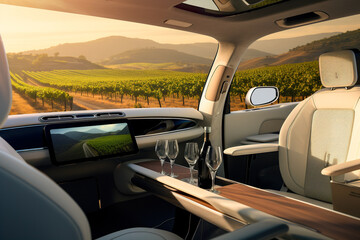 Wine tasting on a private prestige modern car in a vineyard in Tuscany - obrazy, fototapety, plakaty