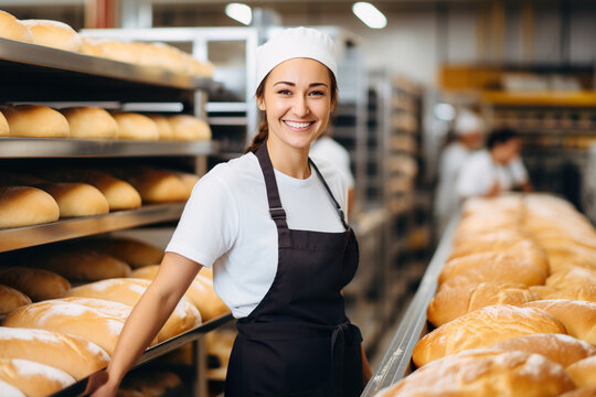Beautiful young female baker standing in a bakery and smiling at the camera