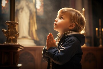 Small boy praying in the church. - obrazy, fototapety, plakaty