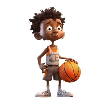 3D Render Of An African American Boy With A Basketball