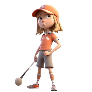 Girl in baseball cap and t-shirt with golf ball on white background