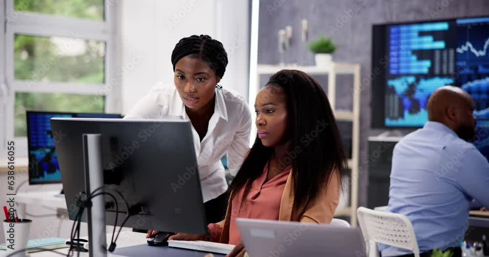 Poster african financial data analysts using dashboard on screens