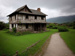 Fototapeta na wymiar An old, dilapidated house. Dramatic landscape? Generative AI