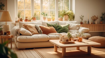 A living room filled with furniture and plants. Generative AI.