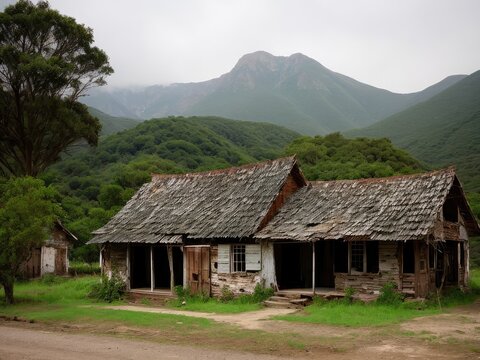 An old, dilapidated house. Dramatic landscape? Generative AI