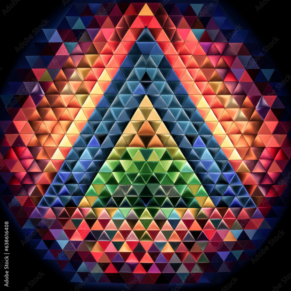 Aufkleber he creates a mesmerizing visual of concentric triangles in a rainbow of hues.