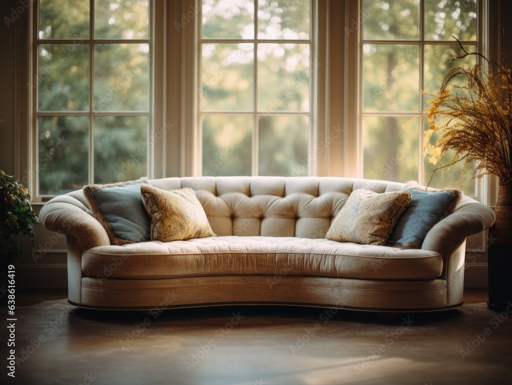 Poster a white couch sitting in front of a window. generative ai.