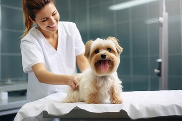 Happy dog sitting on table being dried by vet using towel.