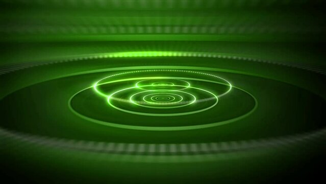 4K green signal waves animation in loop. Vibrant and shiny glowing ripples. Hypnotizing spiral circulars radiating outward stock video.
