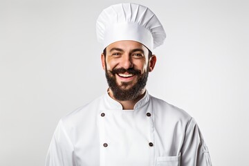 Happy male chef on white background.