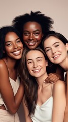 Obraz premium Natural beauty of women friends in a studio on a beige background, promoting skincare.