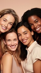Fototapeta premium Portrait of a joyful woman and her group of friends indoors, ideal for luxury cosmetics promotion.