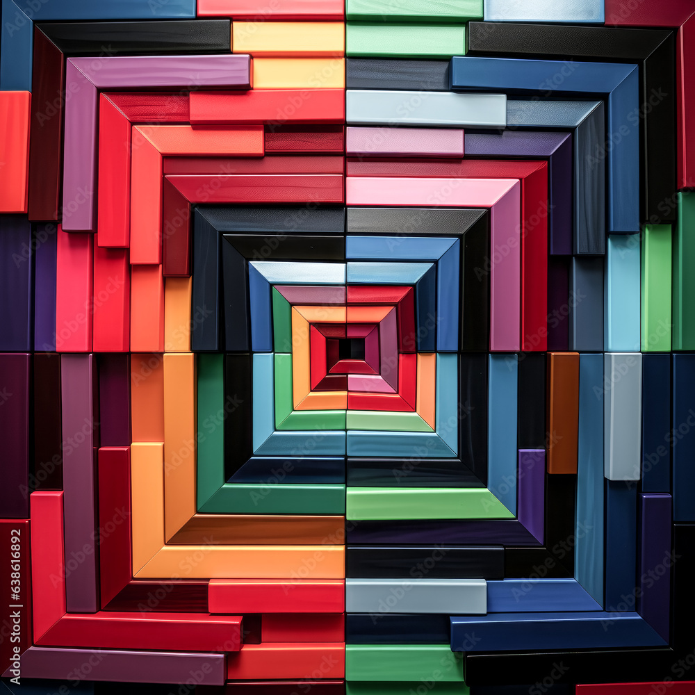 Poster he creates a vibrant image of interlocking squares of different hues.