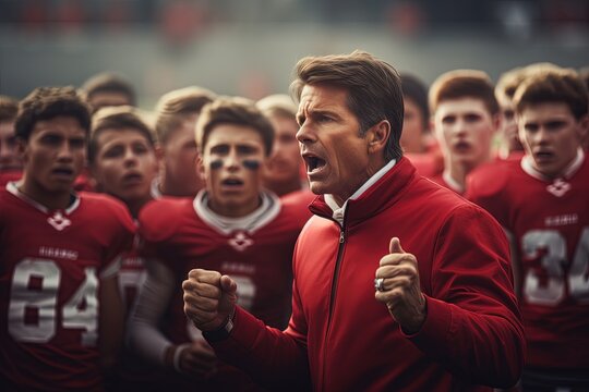 Inspiring high school football coach delivering a passionate speech.