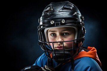 Young ice hockey player in helmet.