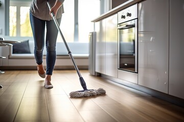 Woman mopping floor in kitchen.