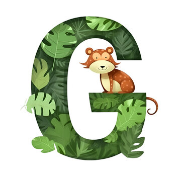 Font design for the letter G with cute animal and tropical leaves illustration