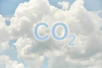 Naklejka na ściany i meble CO2 chemistry formula highlighted in the clouds. Eco and environmental conservation. Ecology conceptual designs and icons