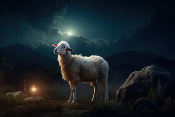 One missing sheep at night. Bible concept for Jesus looking for lost sheep.