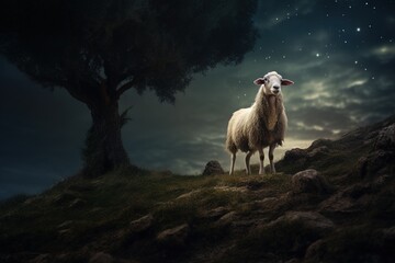 One missing sheep at night. Bible concept for Jesus looking for lost sheep.