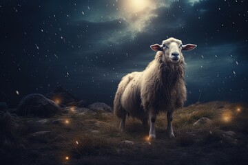 One missing sheep at night. Bible concept for Jesus looking for lost sheep.
