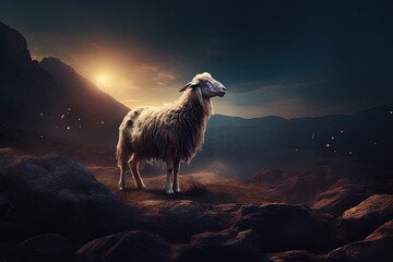 One missing sheep at night. Bible concept for Jesus looking for lost sheep. - Powered by Adobe