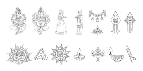 vector diwali cute indian festival set illustration isolated