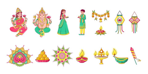 vector diwali cute indian festival set illustration isolated