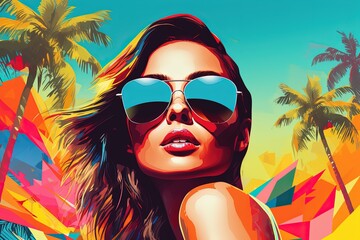 Girl with sunglasses, palm trees on background. © Bargais