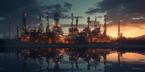 Fototapeta na wymiar Industrial Elegance: Oil Refinery at Dusk in Photorealistic Still Life Style, Showcasing Molecular Details with Ray Tracing and Reflective Mirroring, Infusing the Scene with Atmospheric and Dreamy Cha