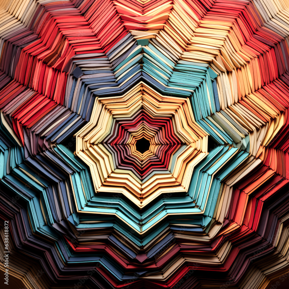 Poster he created a vibrant graphic of overlapping pentagons in a spectrum of colors.
