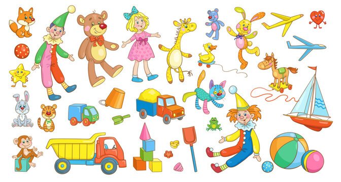Big collection of children's toys for boys and girls. In cartoon style. Isolated on white background. Vector  illustration.