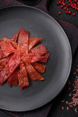 Delicious dried veal or turkey jerky with salt, spices and herbs