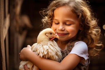 Small child hugging a chicken.