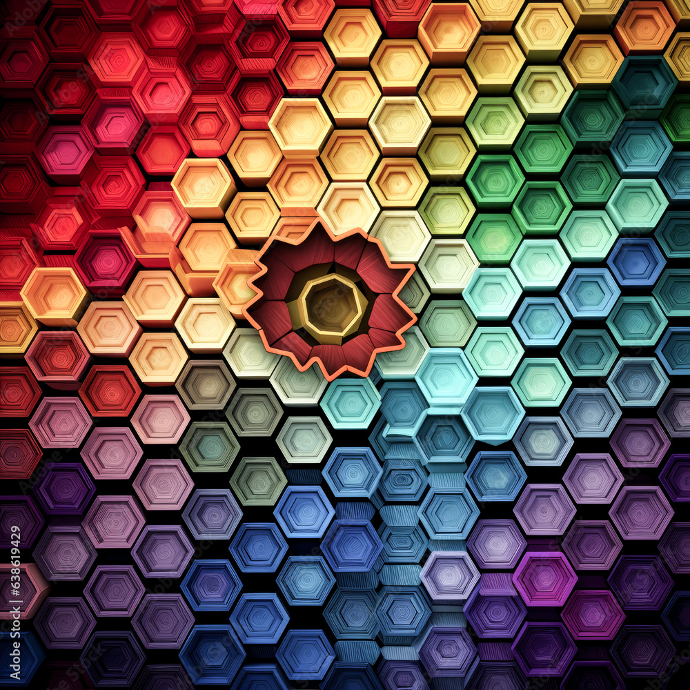 Poster he crafted a vibrant concentric design of decagons in multiple colors.