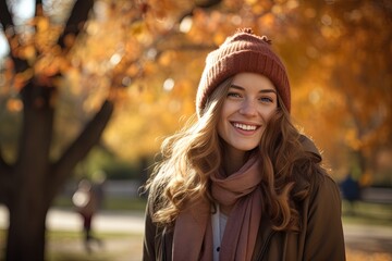 Smiling woman in park at autumn.